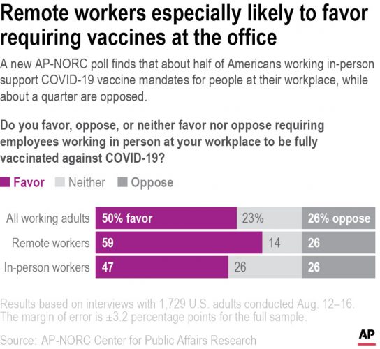 Thu. 9:17 a.m.: Half of US workers favor employee shot mandate: AP-NORC poll